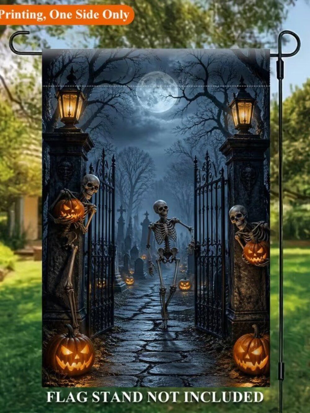 Halloween Gothic Skeleton Pumpkin Single Sided Polyester Garden Flag 12x18